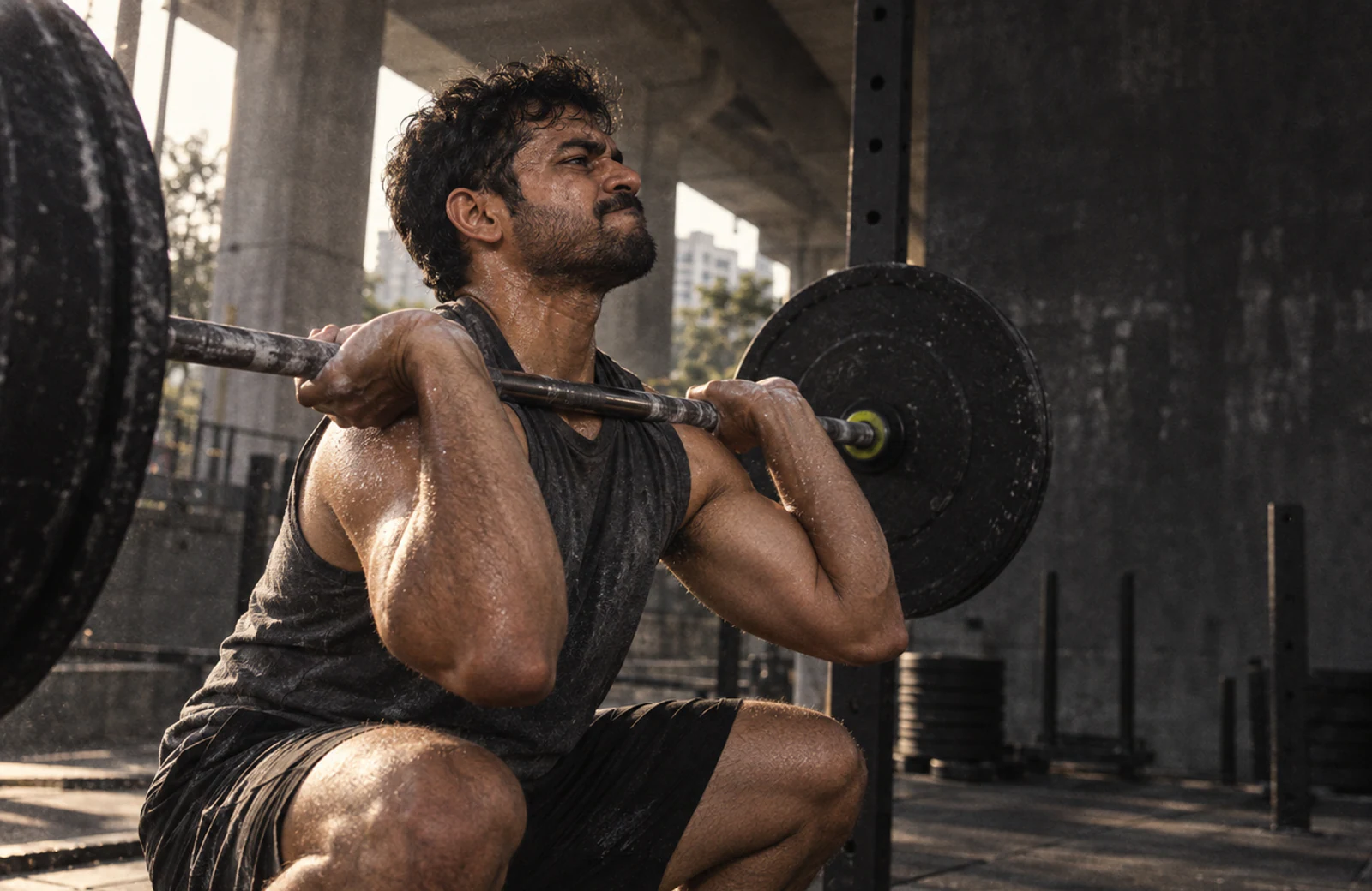 A man holds a front squat under a flyover at first light.