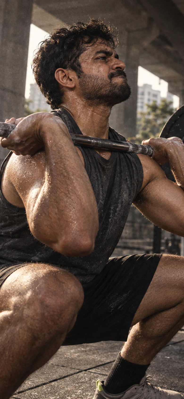 A man holds a front squat under a flyover at first light.