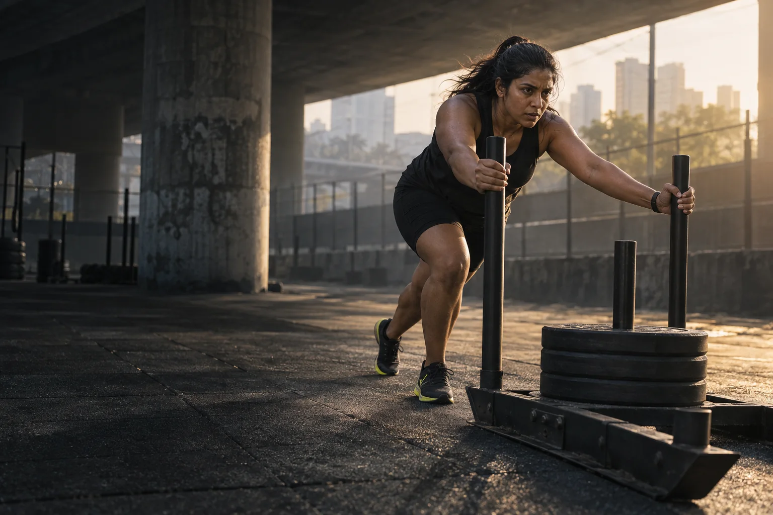 A woman leans into a loaded sled on a concrete lot under a flyover at dusk.