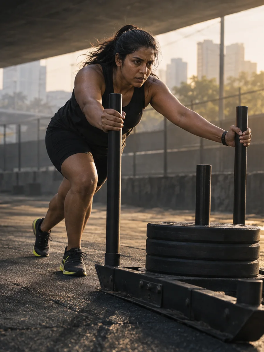 An athlete pushes a weighted sled through an outdoor training yard.