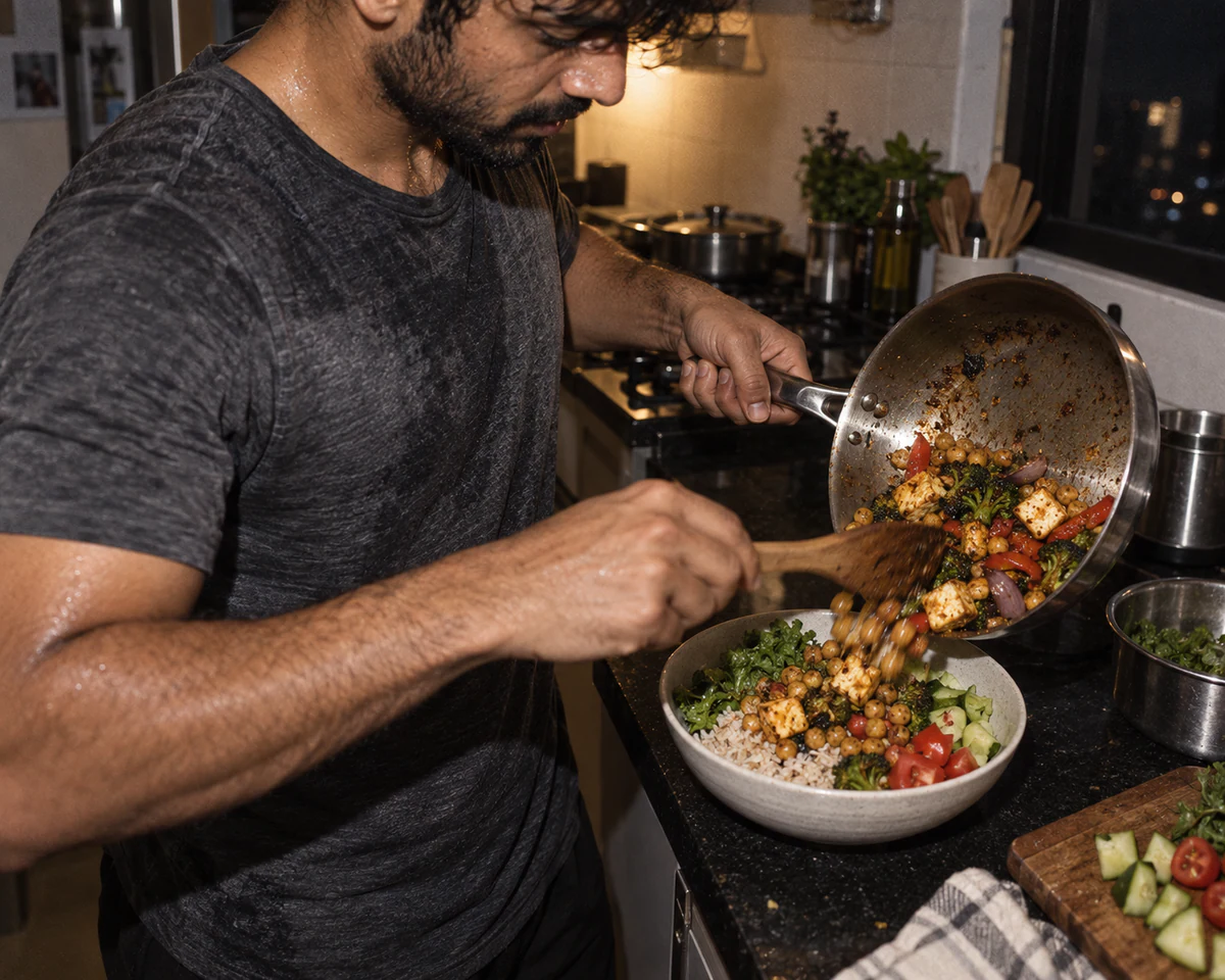 A man tips paneer, chickpeas and greens from a steel pan into a bowl of rice in a home kitchen.