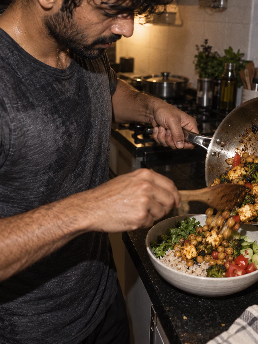 A man prepares a bowl of paneer, chickpeas, rice and greens.
