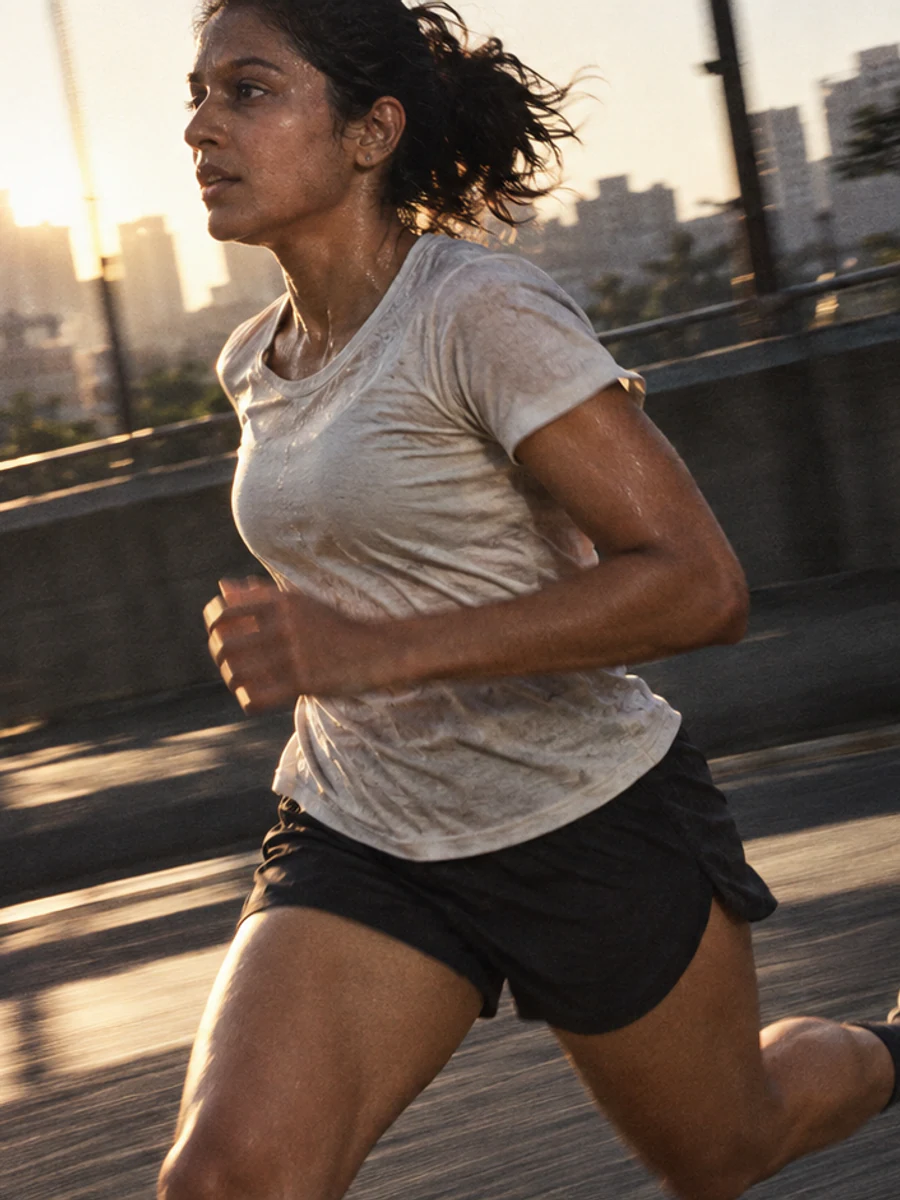 A woman runs along a raised city road at first light.