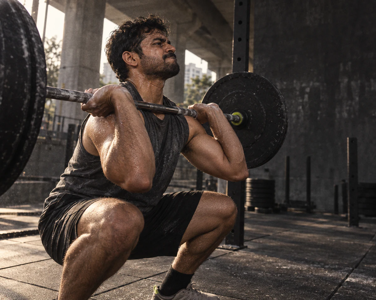 A man holds the bottom of a front squat under a flyover, bar racked on his shoulders.