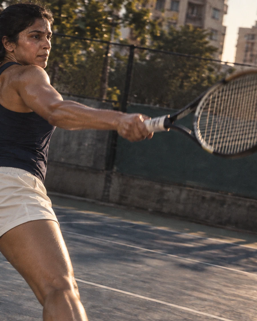 A woman plays a two-handed backhand on a public tennis court.