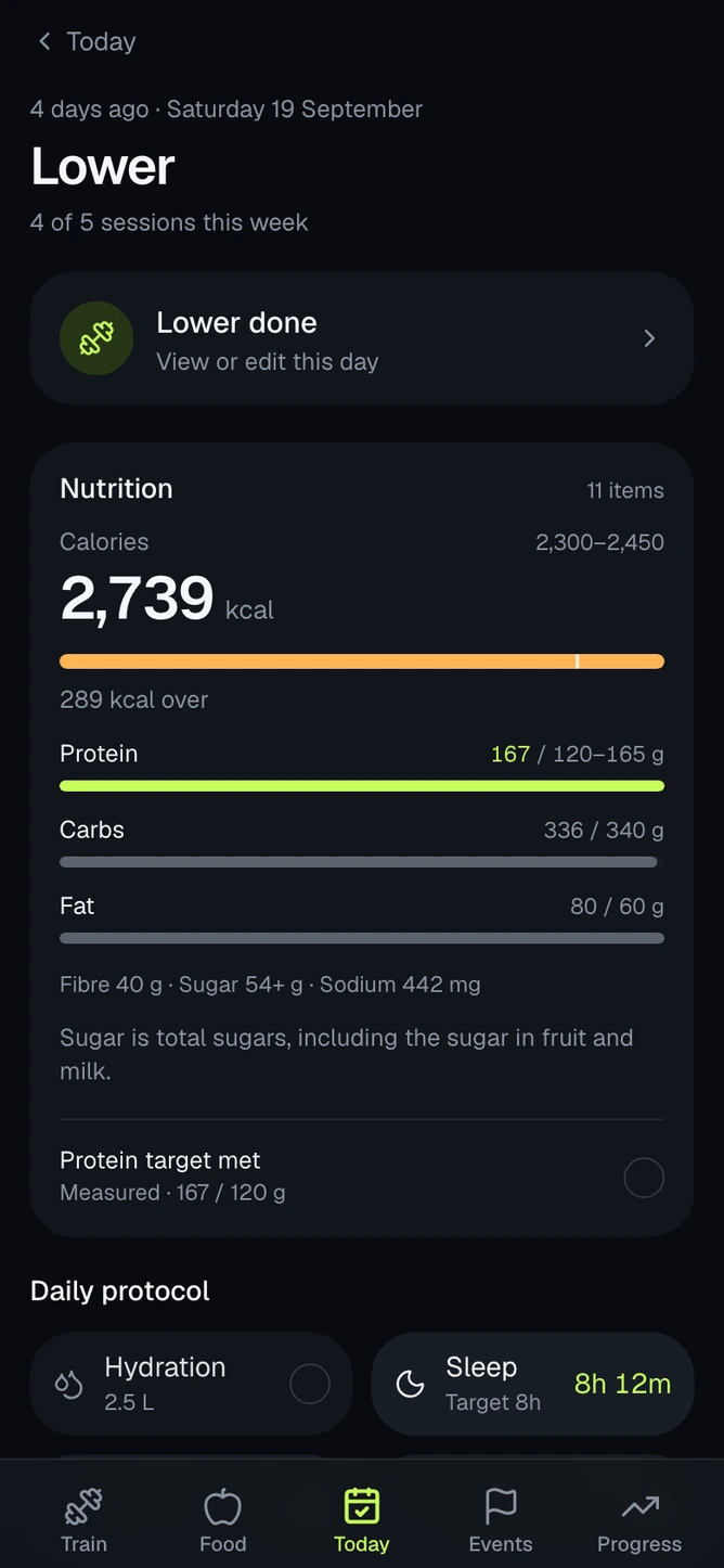 The Agyl Today screen with a workout, nutrition, hydration, sleep and the next meal.